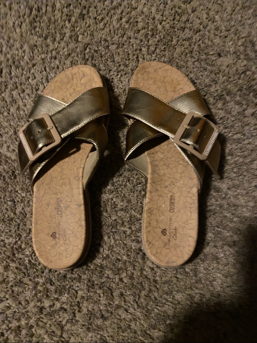 Cloudsteppers by Clarks Metallic Bronze Cross-Band Slide Sandals